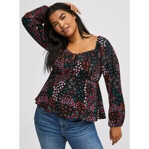 Torrid Peplum Challis Sweetheart Top, Black Floral Long Sleeve Peasant Blouse 3x